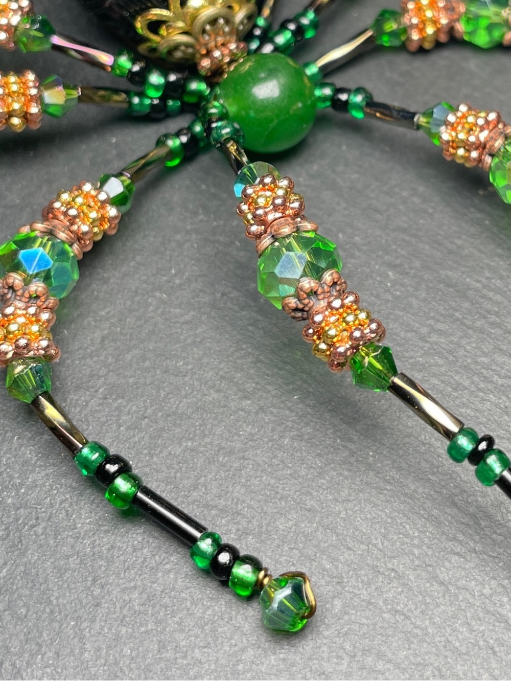 Artisan Made | Green Jade | Black Crystal Beaded Spider | Halloween Ornament - Picture 11 of 14